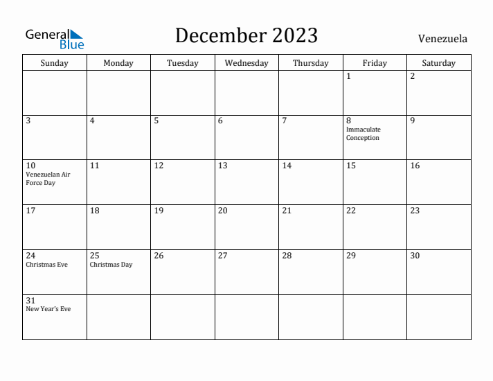 December 2023 Calendar Venezuela