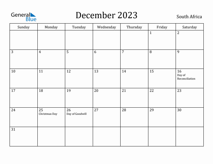 December 2023 Calendar South Africa