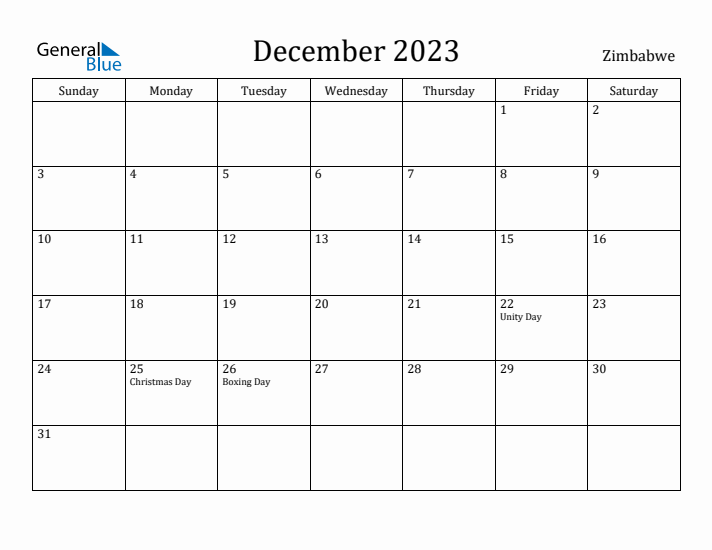 December 2023 Calendar Zimbabwe