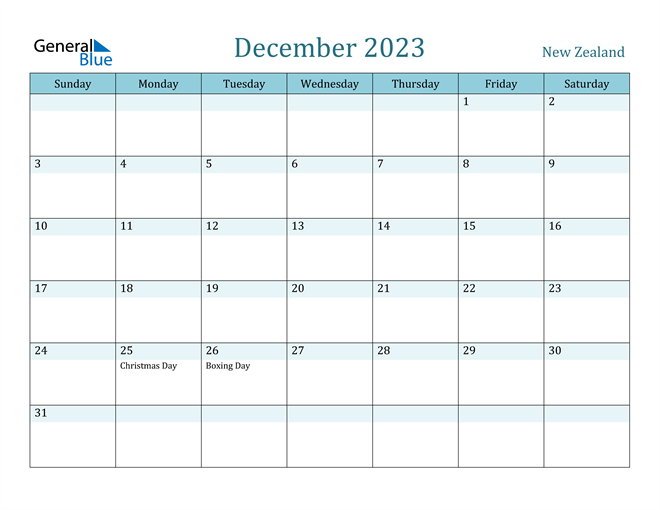 2023 Calendar Nz Excel December 2023 Calendar With New Zealand Holidays