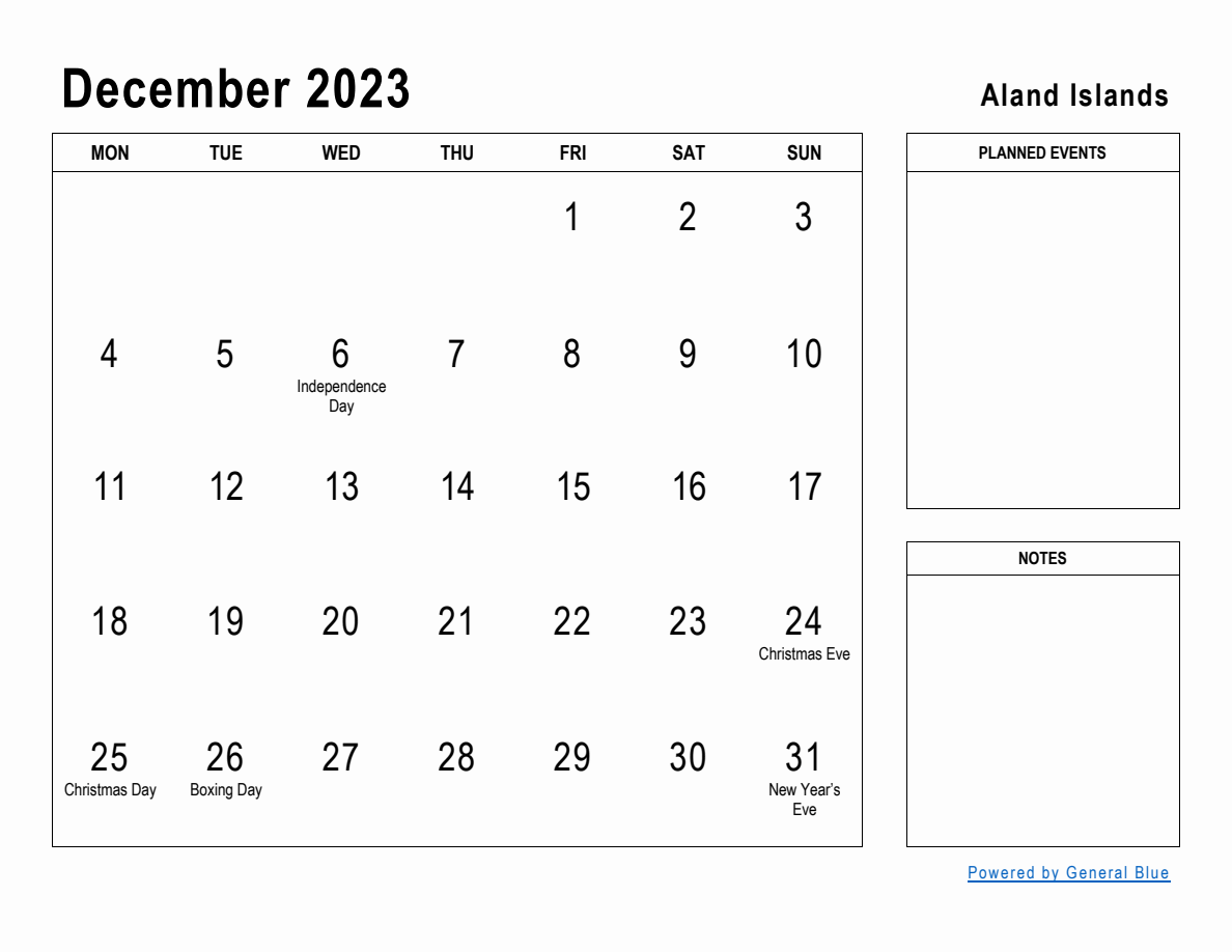 December 2023 Planner with Aland Islands Holidays