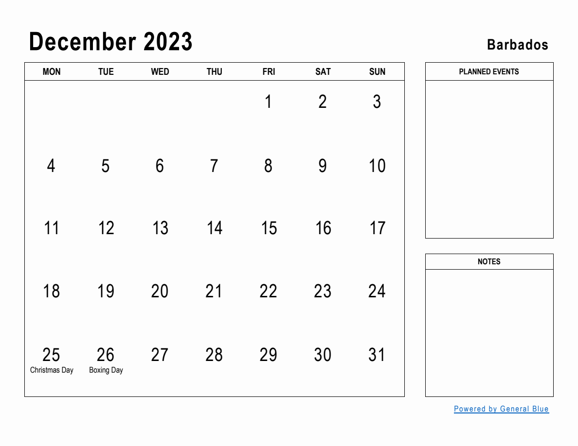 December 2023 Planner with Barbados Holidays