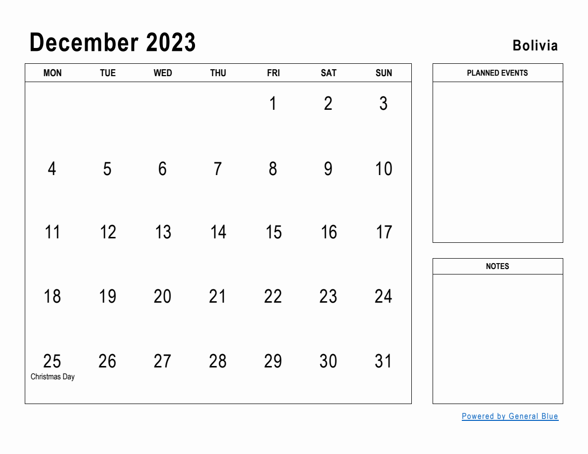 December 2023 Planner with Bolivia Holidays