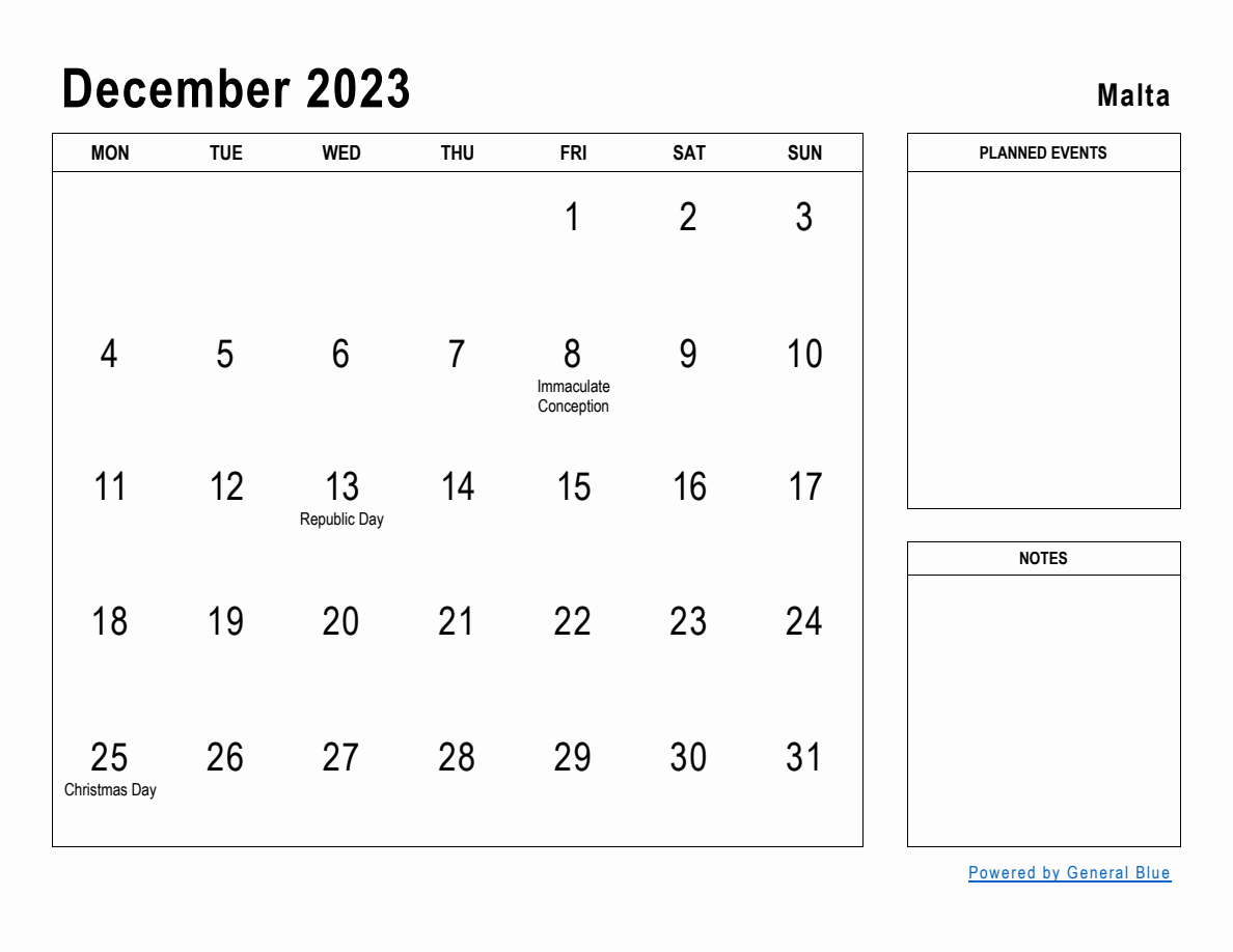 December 2023 Planner with Malta Holidays