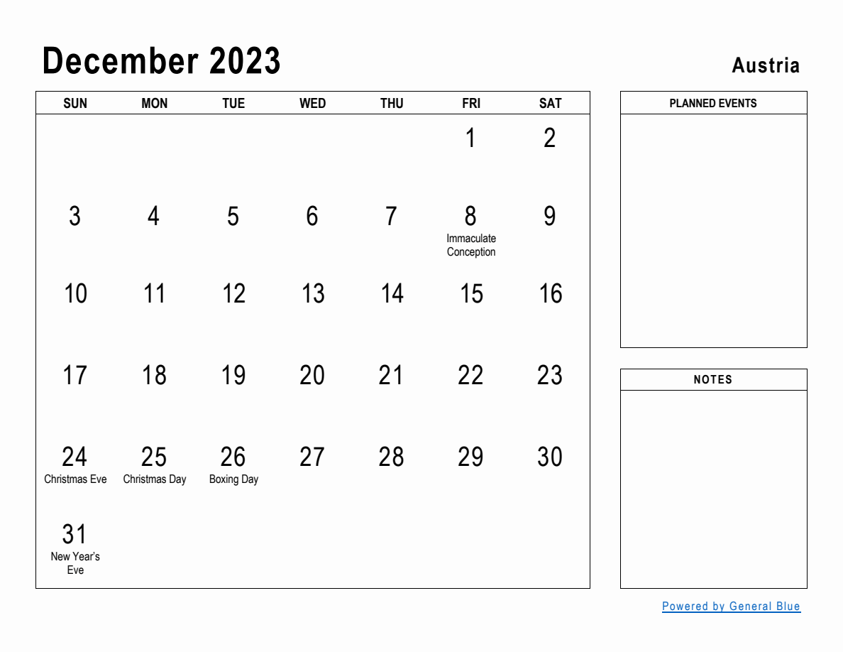 December 2023 Planner with Austria Holidays