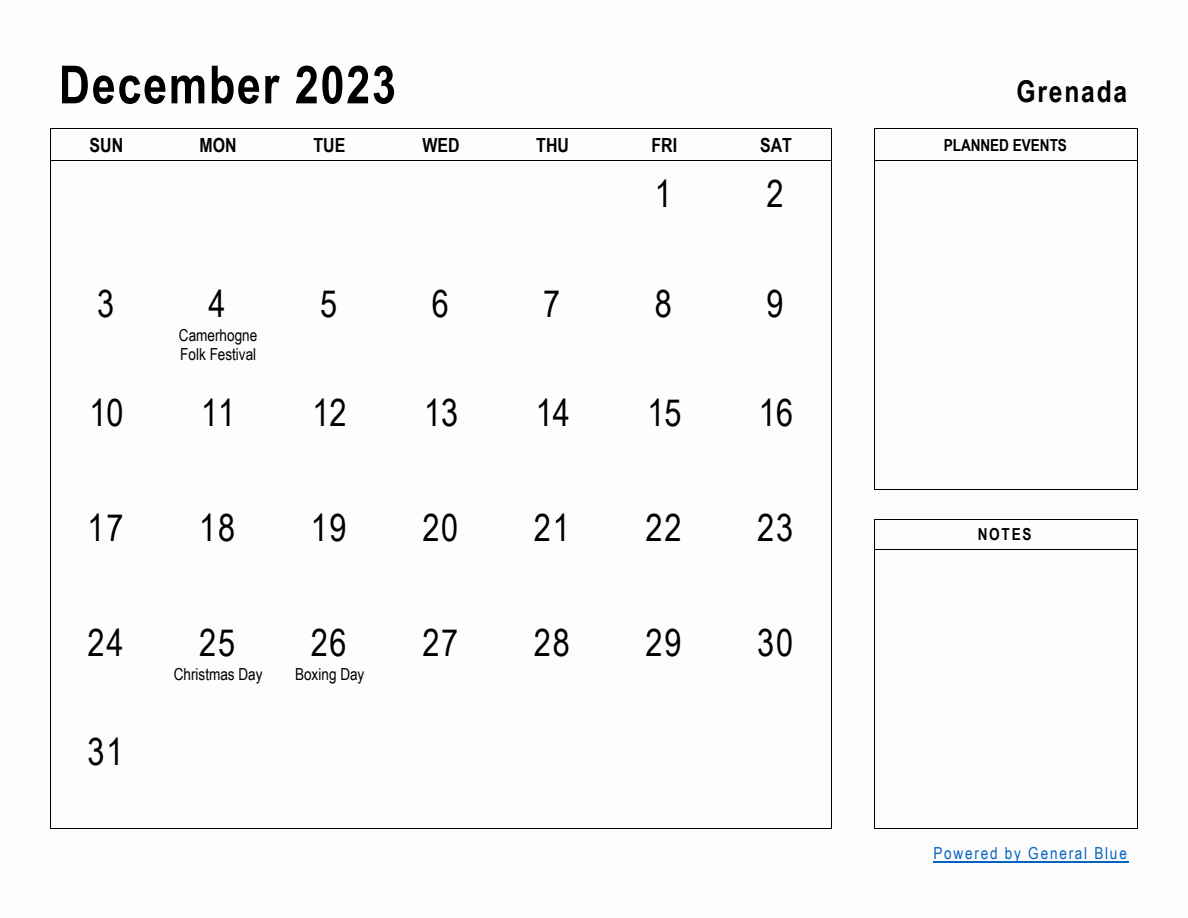 December 2023 Planner with Grenada Holidays