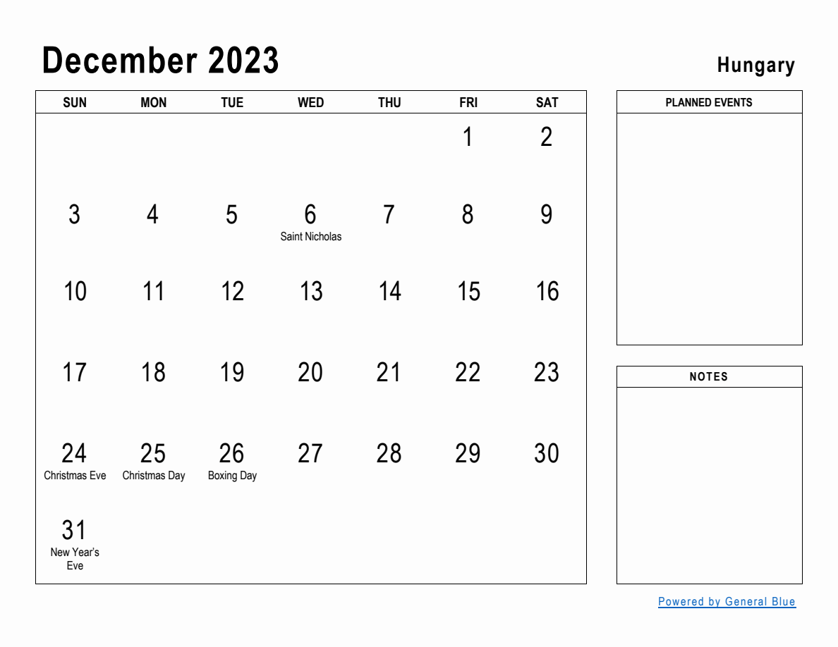 December 2023 Planner with Hungary Holidays