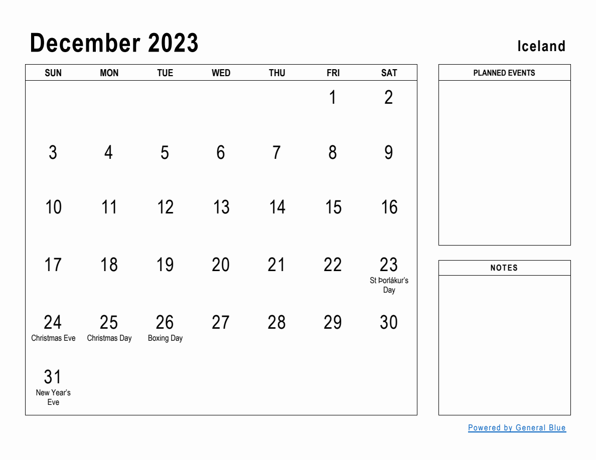 December 2023 Planner with Iceland Holidays