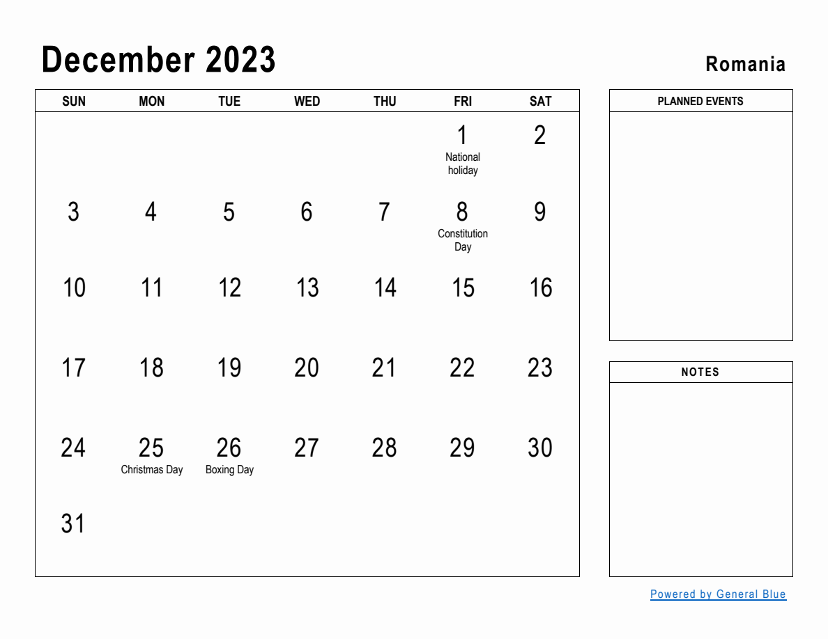 December 2023 Planner with Romania Holidays