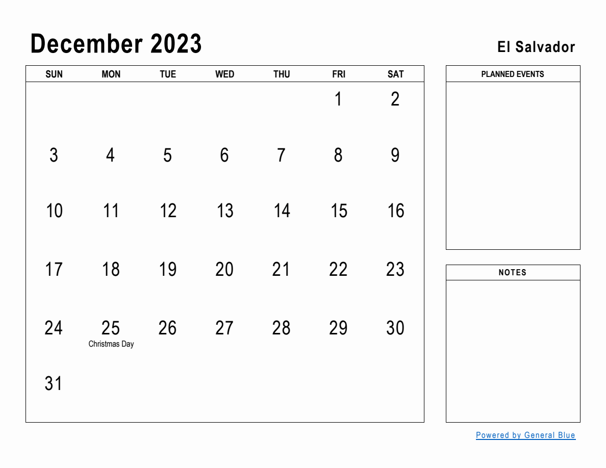 December 2023 Planner with El Salvador Holidays