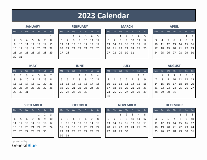 Basic Annual Calendar for Year 2023