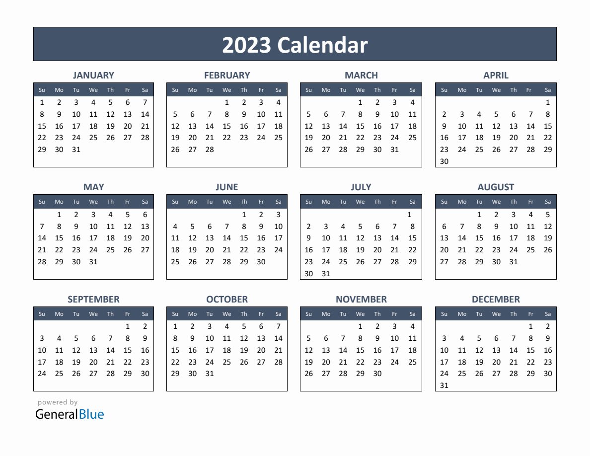 Basic Annual Calendar for Year 2023