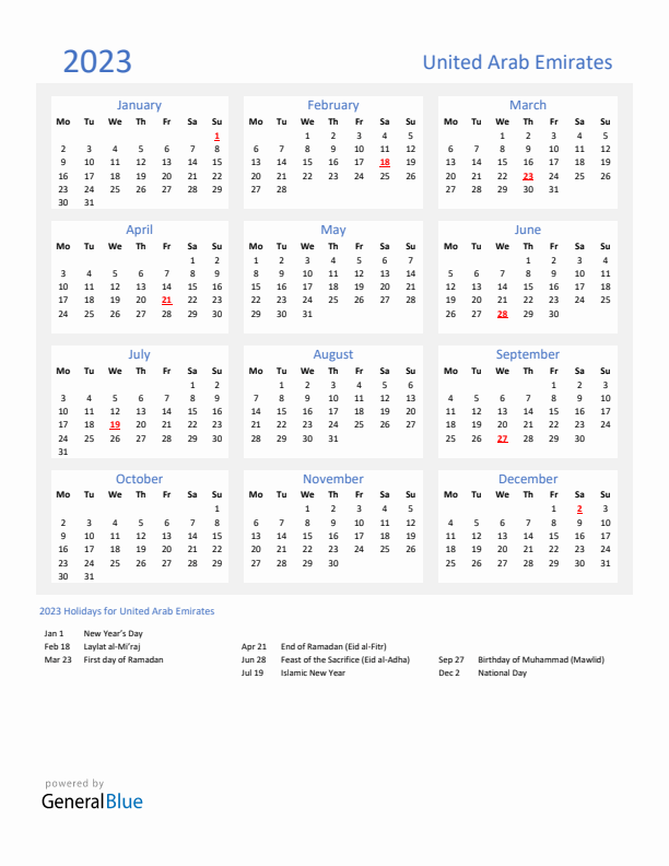Basic Yearly Calendar with Holidays in United Arab Emirates for 2023 