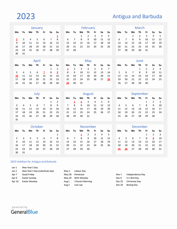 Basic Yearly Calendar with Holidays in Antigua and Barbuda for 2023 
