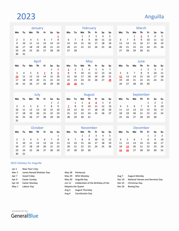 Basic Yearly Calendar with Holidays in Anguilla for 2023 