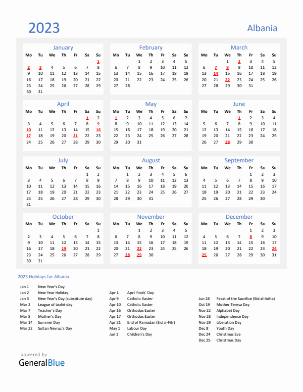 Basic Yearly Calendar with Holidays in Albania for 2023 