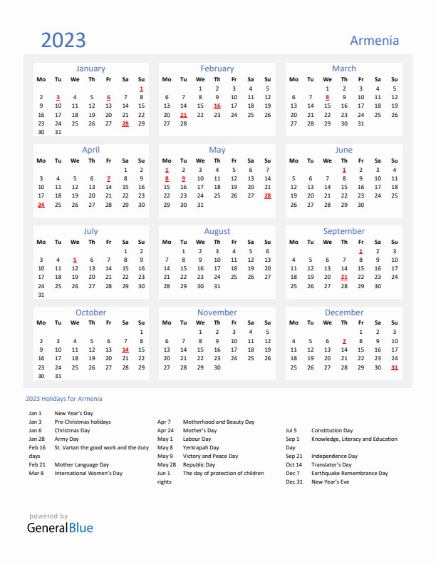 Basic Yearly Calendar with Holidays in Armenia for 2023 