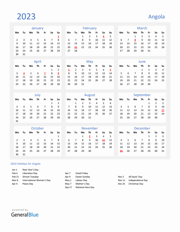 Basic Yearly Calendar with Holidays in Angola for 2023 