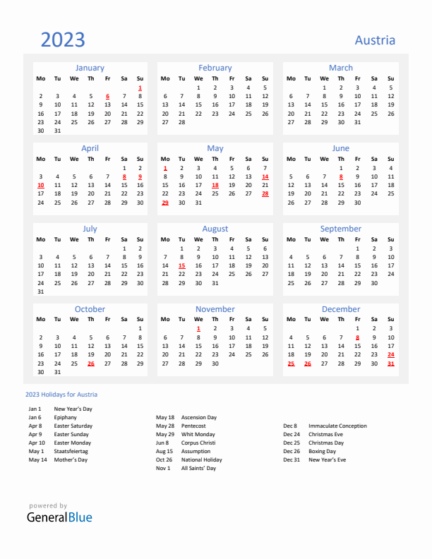 Basic Yearly Calendar with Holidays in Austria for 2023 
