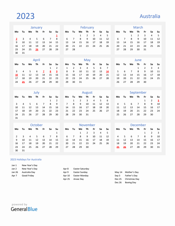 Basic Yearly Calendar with Holidays in Australia for 2023 