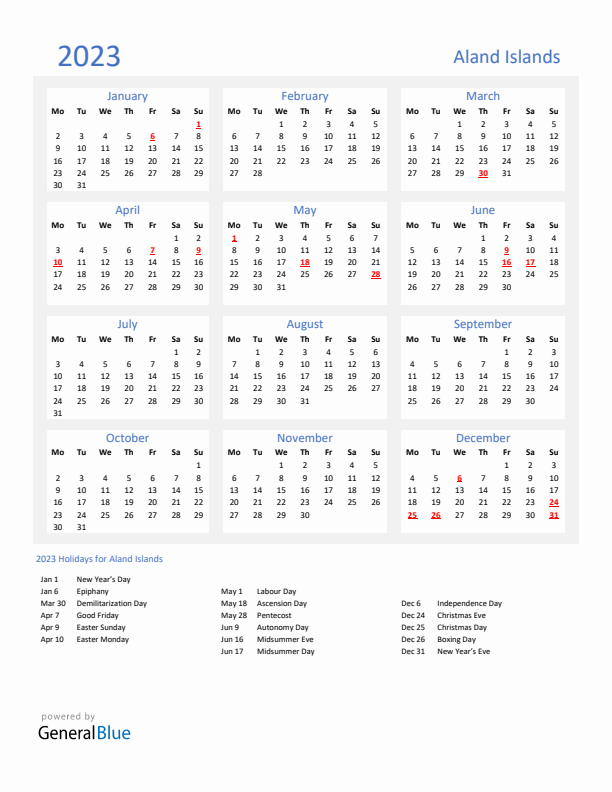Basic Yearly Calendar with Holidays in Aland Islands for 2023 