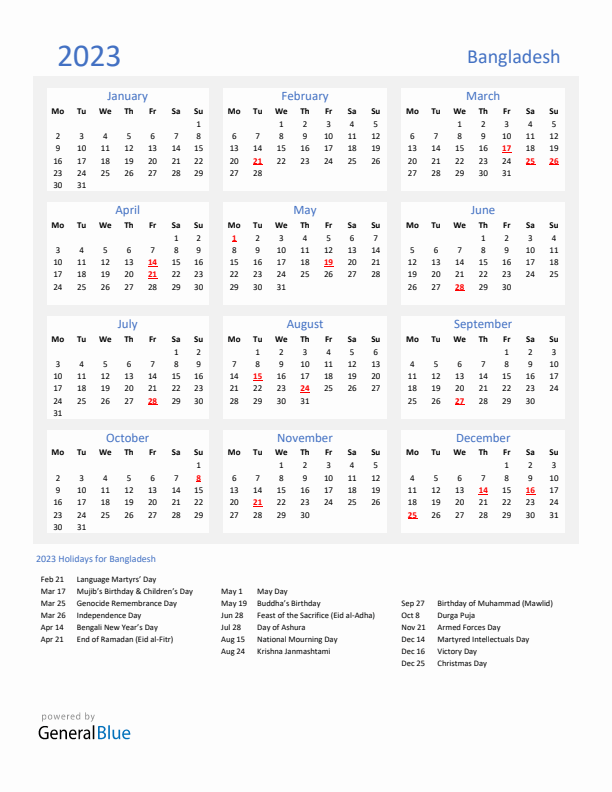 Basic Yearly Calendar with Holidays in Bangladesh for 2023 