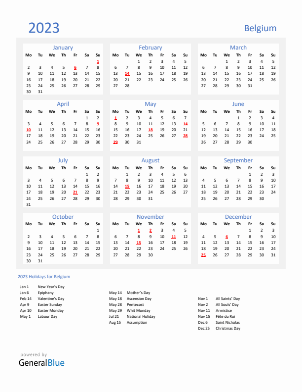 Basic Yearly Calendar with Holidays in Belgium for 2023 