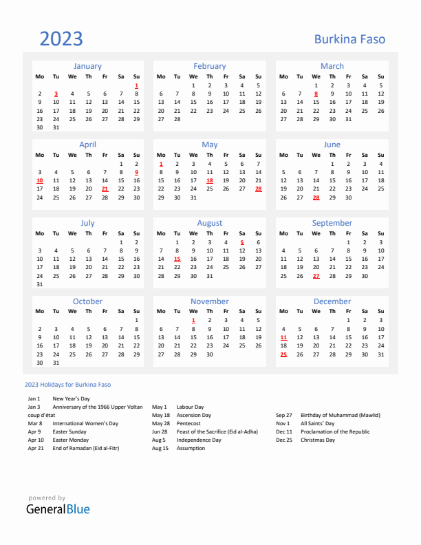 Basic Yearly Calendar with Holidays in Burkina Faso for 2023 