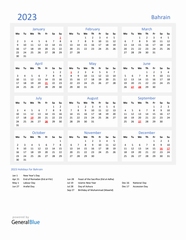 Basic Yearly Calendar with Holidays in Bahrain for 2023 