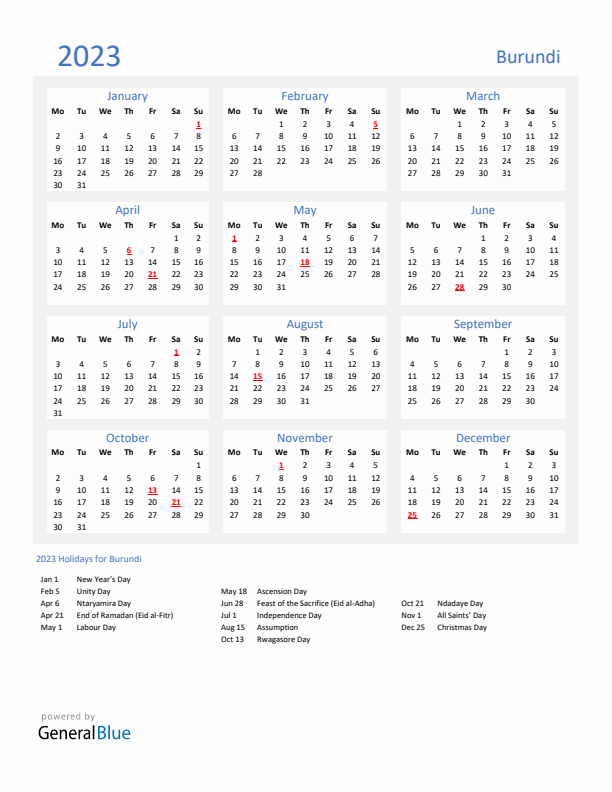 Basic Yearly Calendar with Holidays in Burundi for 2023 