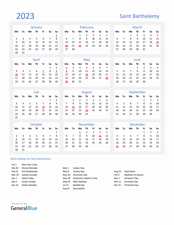 Basic Yearly Calendar with Holidays in Saint Barthelemy for 2023 