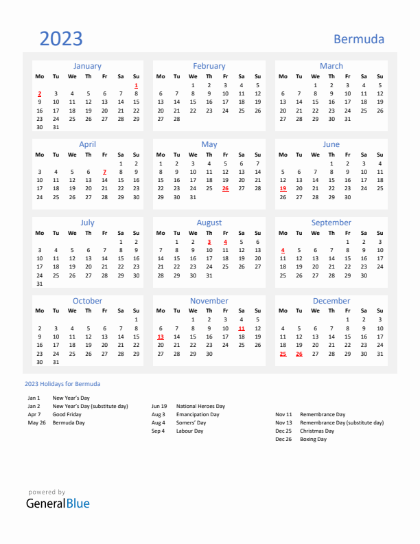 Basic Yearly Calendar with Holidays in Bermuda for 2023 