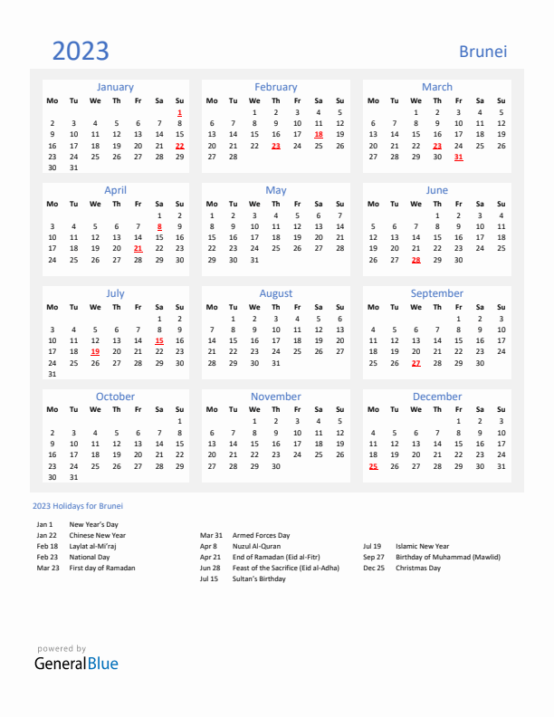 Basic Yearly Calendar with Holidays in Brunei for 2023 