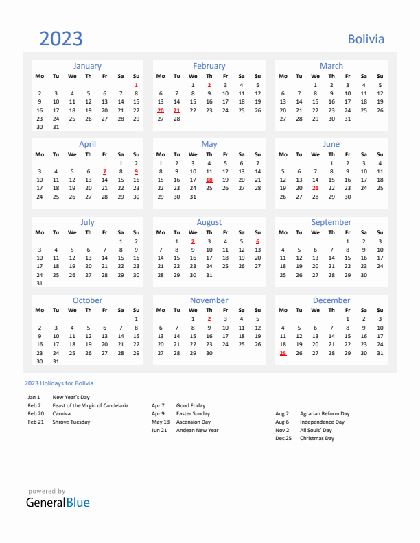 Basic Yearly Calendar with Holidays in Bolivia for 2023 