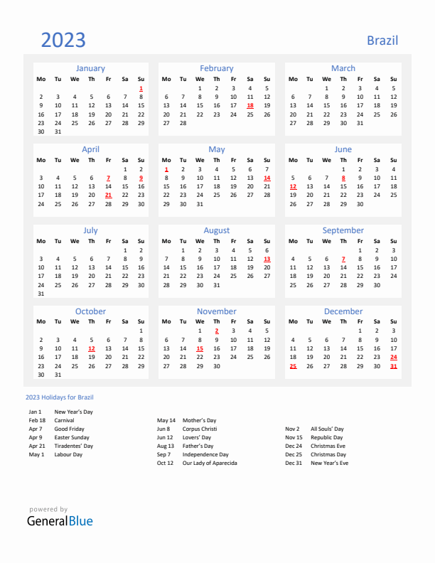Basic Yearly Calendar with Holidays in Brazil for 2023 