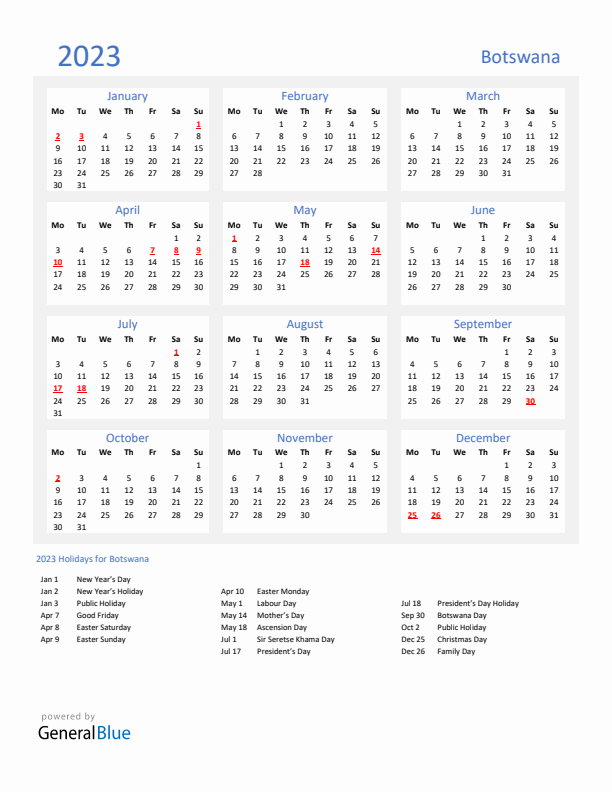 Basic Yearly Calendar with Holidays in Botswana for 2023 