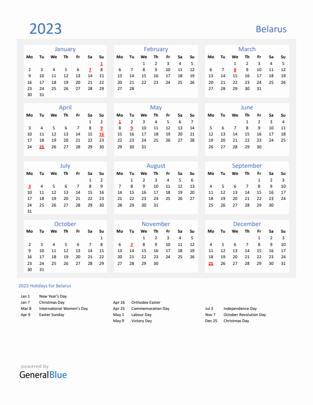Basic Yearly Calendar with Holidays in Belarus for 2023 