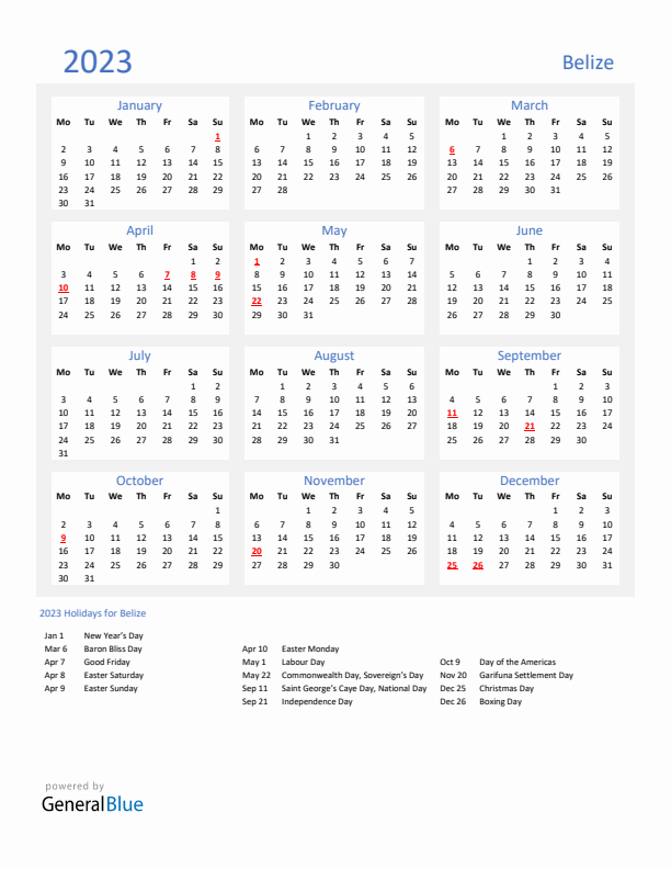 Basic Yearly Calendar with Holidays in Belize for 2023 