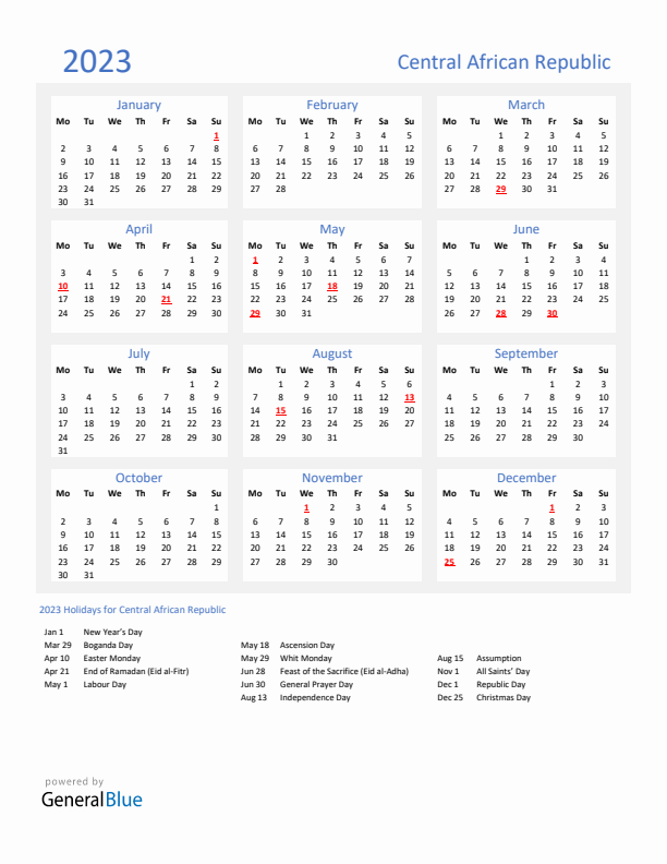 Basic Yearly Calendar with Holidays in Central African Republic for 2023 