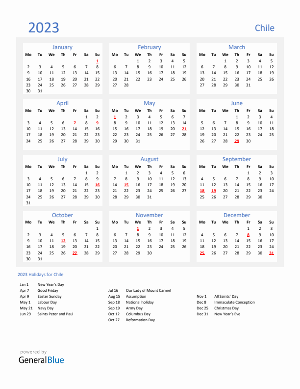 Basic Yearly Calendar with Holidays in Chile for 2023 