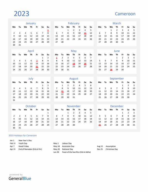 Basic Yearly Calendar with Holidays in Cameroon for 2023 