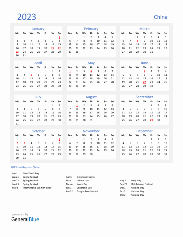Basic Yearly Calendar with Holidays in China for 2023 