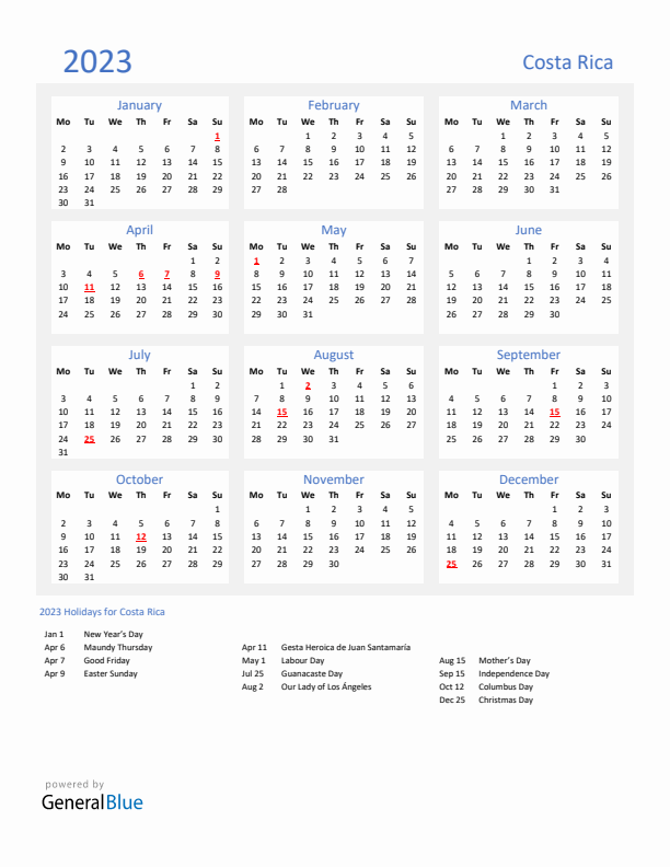 Basic Yearly Calendar with Holidays in Costa Rica for 2023 