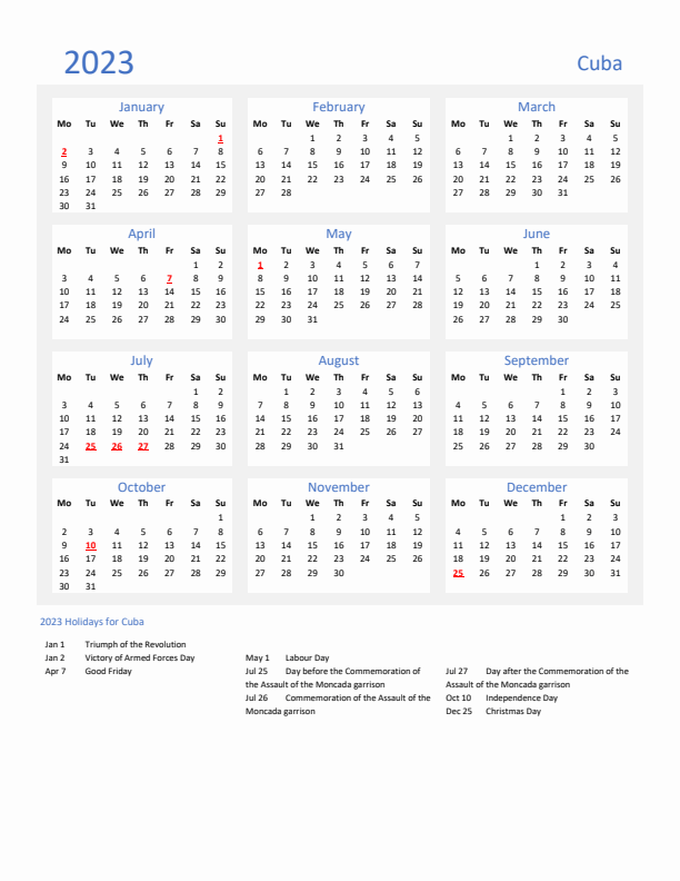 Basic Yearly Calendar with Holidays in Cuba for 2023 