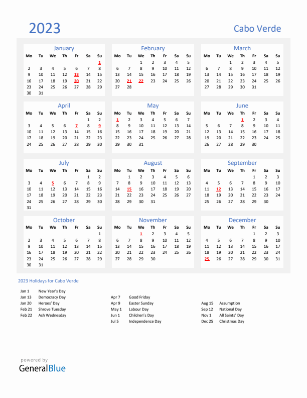 Basic Yearly Calendar with Holidays in Cabo Verde for 2023 