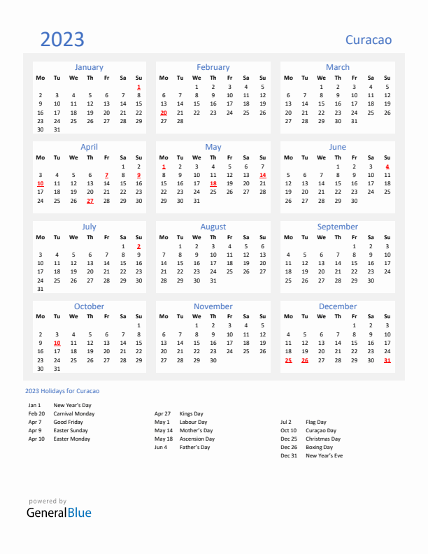 Basic Yearly Calendar with Holidays in Curacao for 2023 