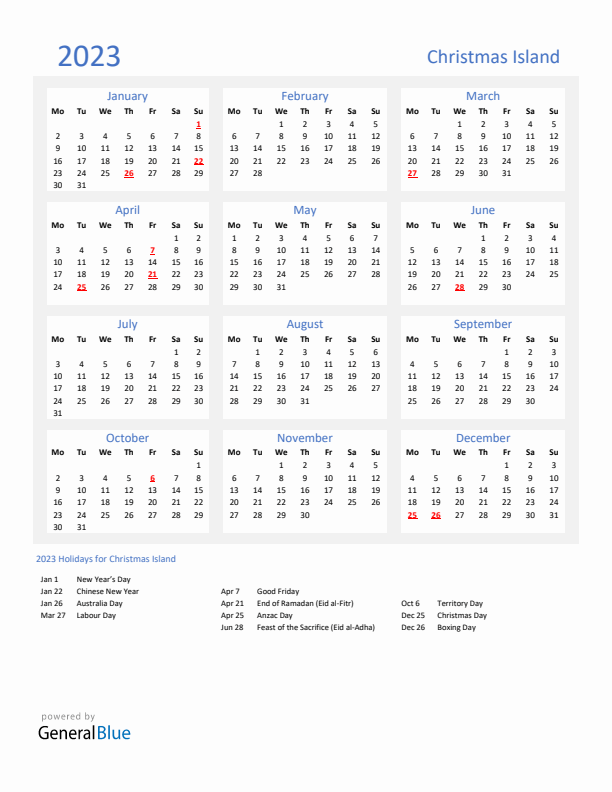 Basic Yearly Calendar with Holidays in Christmas Island for 2023 
