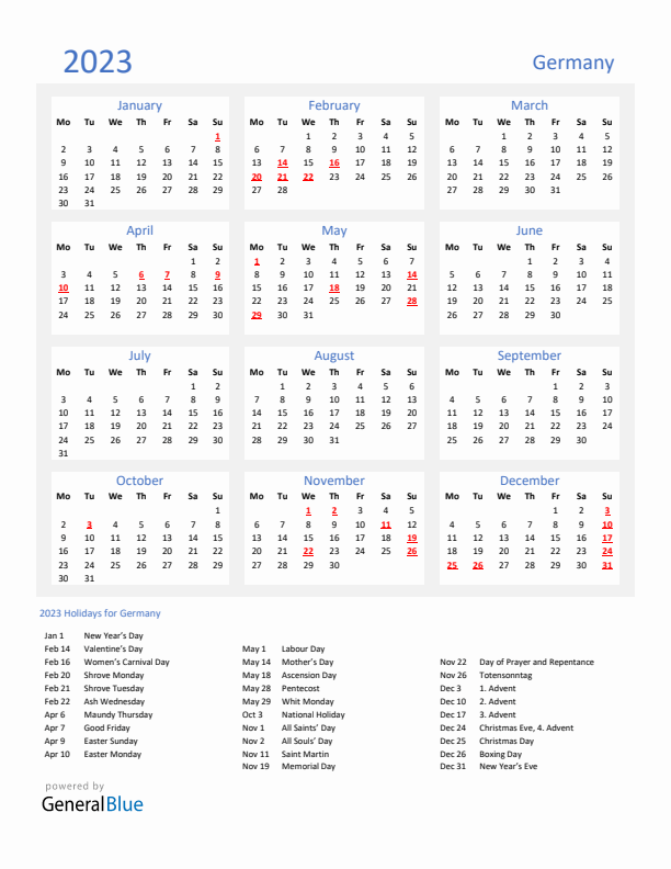 Basic Yearly Calendar with Holidays in Germany for 2023 