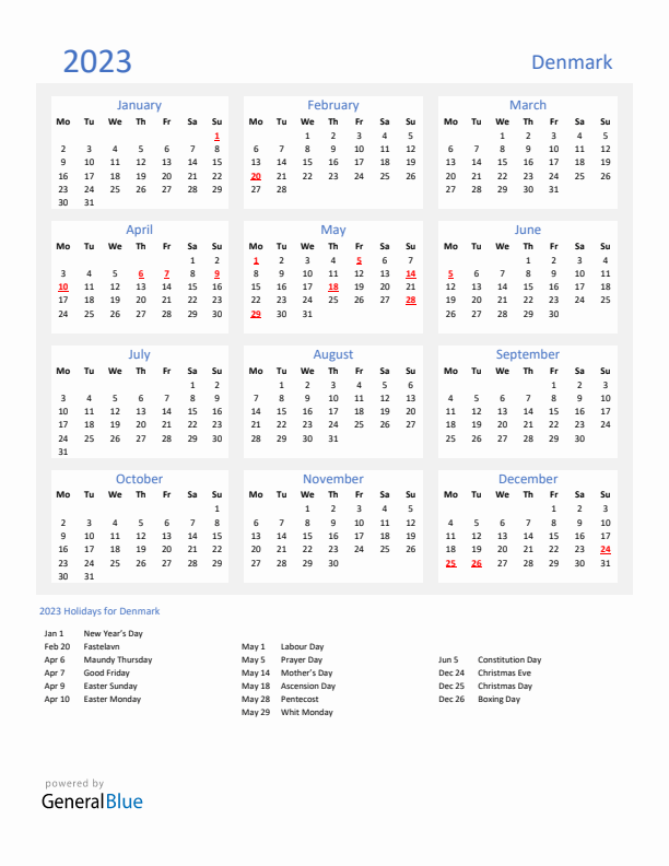 Basic Yearly Calendar with Holidays in Denmark for 2023 