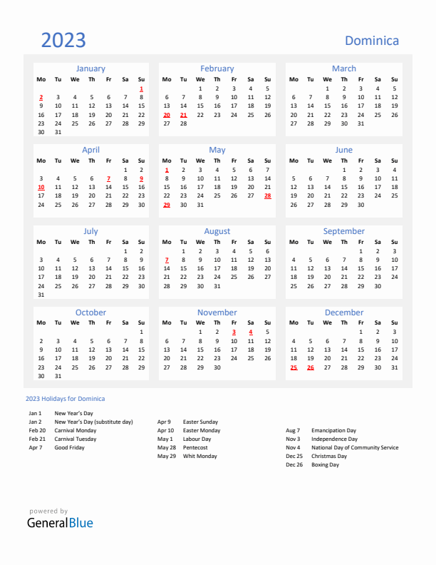 Basic Yearly Calendar with Holidays in Dominica for 2023 
